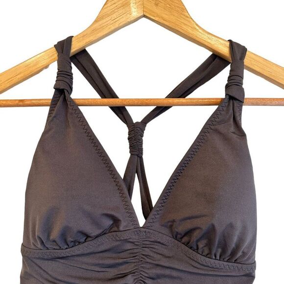 Athleta Aqualuxe Dusty Grey Ruched Adjustable T-Back Strap Tankini Top Size S - Picture 3 of 6